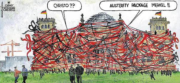  
Oliver Schopf, editorial cartoons from Austria, cartoonist from Austria, Austrian illustrations, illustrator from Austria, editorial cartoon
Europe EU eu germany 2005 chancellor merkel angela merkel Müntefering and the coalition, Christo`s wrapped reichstag will now be varied politics politicians german

