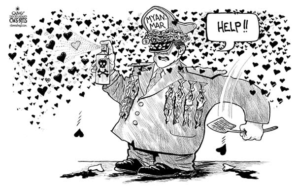 Oliver Schopf, editorial cartoons from Austria, cartoonist from Austria, Austrian illustrations, illustrator from Austria, editorial cartoon asia
 myanmar, military junta, hearts, spraying, fly swat, protests

