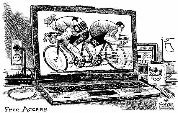 Oliver Schopf, editorial cartoons from Austria, cartoonist from Austria, Austrian illustrations, illustrator from Austria, china 2008: china, ioc, notebook, internet, free access, cycling.

