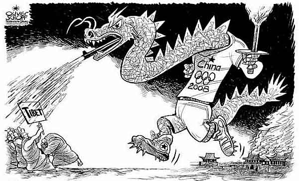 Oliver Schopf, editorial cartoons from Austria, cartoonist from Austria, Austrian illustrations, illustrator from Austria, china 2008: china, flames tibet olympic games dragon fire and flame

