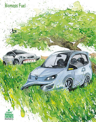 Oliver Schopf, editorial cartoons from Austria, cartoonist from Austria, Austrian illustrations, illustrator from Austria, editorial cartoon climate and environment
cars car biomass fuel grass eating  