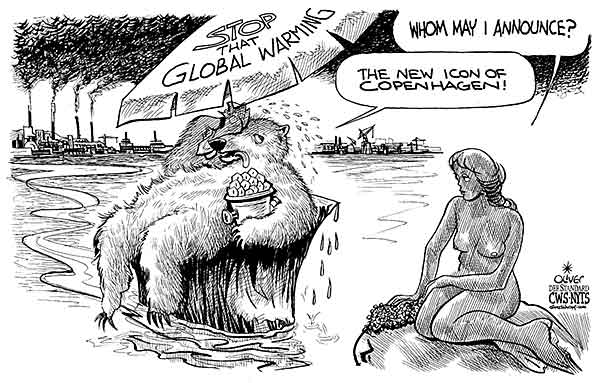 Oliver Schopf, editorial cartoons from Austria, cartoonist from Austria, Austrian illustrations, illustrator from Austria, editorial cartoon climate and environment 2009: climate, global warming, summit, copenhagen climate council, mermaid, bear, icon
