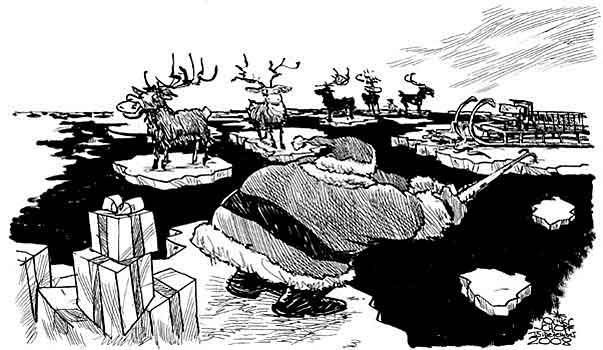 Oliver Schopf, editorial cartoons from Austria, cartoonist from Austria, Austrian illustrations, illustrator from Austria, editorial cartoon climate and environment
2008 northpole melting ice santa claus 
