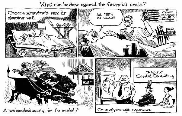 Oliver Schopf, editorial cartoons from Austria, cartoonist from Austria, Austrian illustrations, illustrator from Austria, editorial cartoon economy finances business markets 2008: market, crisis, what can be done against the financial crisis