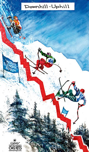 Oliver Schopf, editorial cartoons from Austria, cartoonist from Austria, Austrian illustrations, illustrator from Austria, editorial cartoon economy finances business markets 2009: downhill uphill  world economic forum, davos, crisis, skiing, downhill