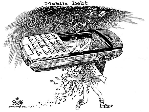 Oliver Schopf, editorial cartoons from Austria, cartoonist from Austria, Austrian illustrations, illustrator from Austria, editorial cartoon economy finances business markets 2008: financial crisis stock mobile phones debts debt cell cellular phone trap

