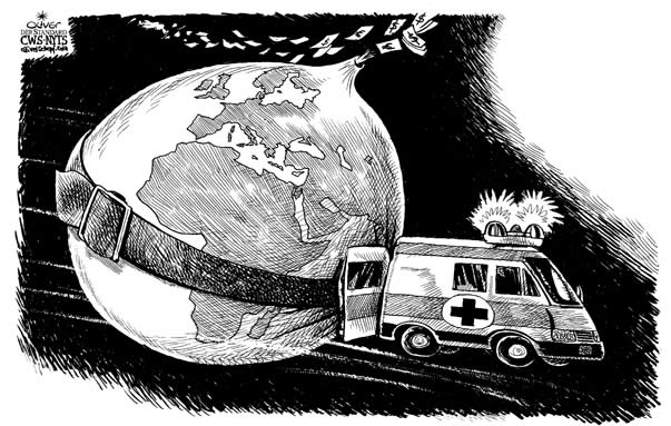 Oliver Schopf, editorial cartoons from Austria, cartoonist from Austria, Austrian illustrations, illustrator from Austria, editorial cartoon economy finances business markets 2008: economy, finance crisis, globe, rescue, ambulance 

