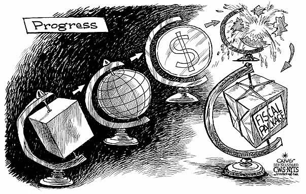 Oliver Schopf, editorial cartoons from Austria, cartoonist from Austria, Austrian illustrations, illustrator from Austria, editorial cartoon economy finances business markets 2008: finance crisis, market, economy, finance crisis, globe, fiscal package, progress