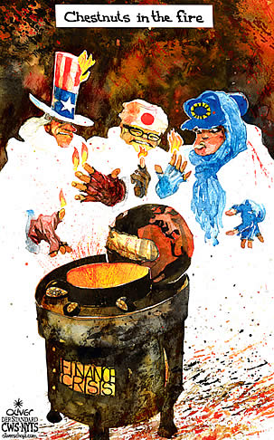 Oliver Schopf, editorial cartoons from Austria, cartoonist from Austria, Austrian illustrations, illustrator from Austria, editorial cartoon economy finances business markets 2008: finance crisis, market chestnuts, roasting, uncle sam, burning