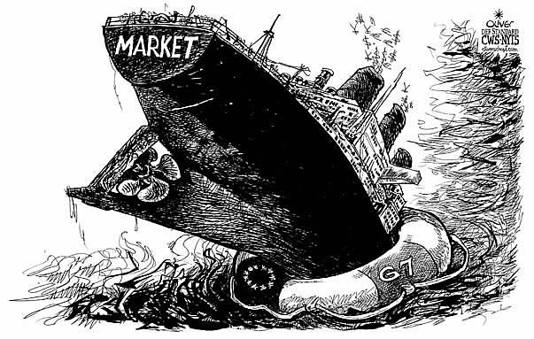 Oliver Schopf, editorial cartoons from Austria, cartoonist from Austria, Austrian illustrations, illustrator from Austria, editorial cartoon economy finances business markets 2008:finance crisis, market, ship, sinking, life preserver, life-saver, eu, g7