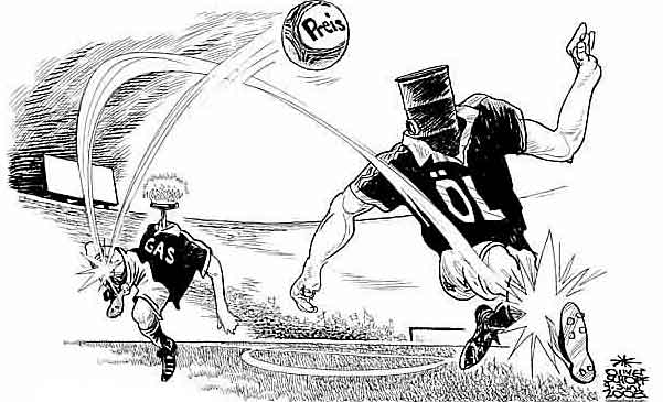 Oliver Schopf, editorial cartoons from Austria, cartoonist from Austria, Austrian illustrations, illustrator from Austria, editorial cartoon economy finances business markets 2008: financial crisis soccer football prices of gaz and oil 
