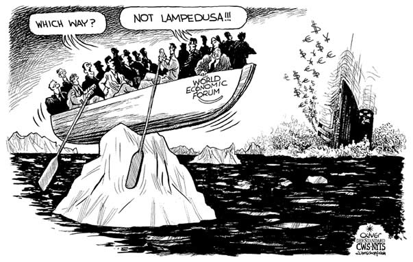 Oliver Schopf, editorial cartoons from Austria, cartoonist from Austria, Austrian illustrations, illustrator from Austria, editorial cartoon economy finances business markets 2009: world economic forum, davos, titanic, 
iceberg, life boat, refugees, lampedusa