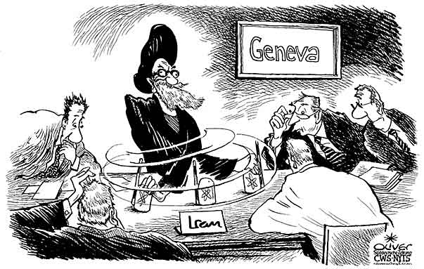 Oliver Schopf, editorial cartoons from Austria, cartoonist from Austria, Austrian illustrations, illustrator from Austria, editorial cartoon  iran, nuclear power, geneva, talks, negotiations, shell game politician politicians
