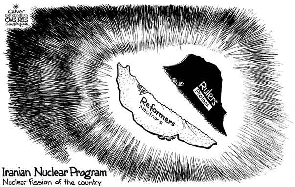 Oliver Schopf, editorial cartoons from Austria, cartoonist from Austria, Austrian illustrations, illustrator from Austria, editorial cartoon iran 2009:2009: iran, nuclear program, nuclear fission of the country, reformers neutrons, rulers protons, politician politicians 
