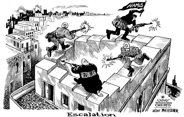 Oliver Schopf, editorial cartoons from Austria, cartoonist from Austria, Austrian illustrations, illustrator from Austria, editorial cartoon middle-east 2009: escalation after m c escher middle east, israel, hamas, hezbollah,   

 
