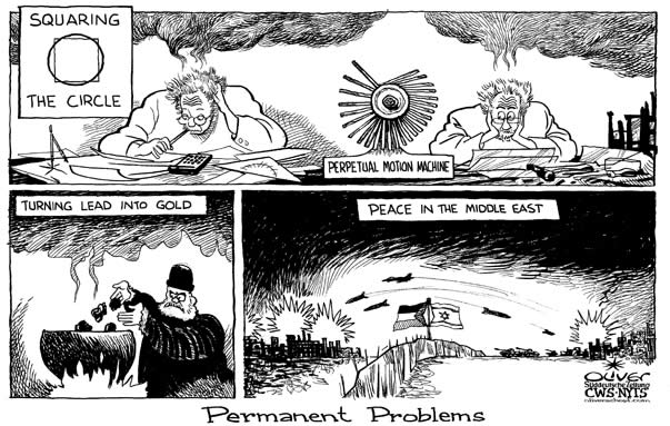 Oliver Schopf, editorial cartoons from Austria, cartoonist from Austria, Austrian illustrations, illustrator from Austria, editorial cartoon middle-east 2008: permanent problems middle east, Israel, palestines, gaza, perpetual problems, squaring the circle, perpetual motion machine, lead, gold

 
