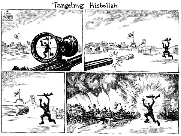 Oliver Schopf, editorial cartoons from Austria, cartoonist from Austria, Austrian illustrations, illustrator from Austria, editorial cartoon middle-east
targeting, israel, hezbollah, uno, shot, devastation target

