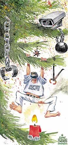 Oliver Schopf, editorial cartoons from Austria, cartoonist from Austria, Austrian illustrations, illustrator from Austria, editorial cartoon miscellaneous 
 Christmas 2005, Human rights and torture

