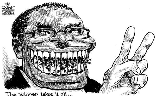 Oliver Schopf, editorial cartoons from Austria, cartoonist from Austria, Austrian illustrations, illustrator from Austria, editorial cartoon miscellaneous 2008: Africa, zimbabwe, mugabe, winner, election, victory, smile terrror torture homicide
