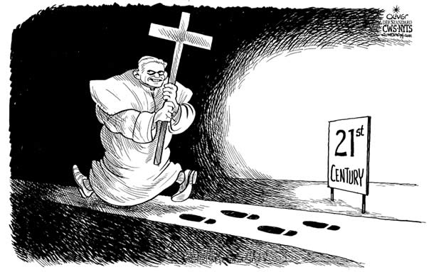 Oliver Schopf, editorial cartoons from Austria, cartoonist from Austria, Austrian illustrations, illustrator from Austria, editorial cartoon religion and ethic
2009: pope, Benedict XVI., 21st century, footprints, backwards
