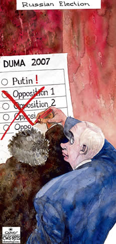 Oliver Schopf, editorial cartoons from Austria, cartoonist from Austria, Austrian illustrations, illustrator from Austria, editorial cartoon russia, 
putin, duma russia, election, opposition
