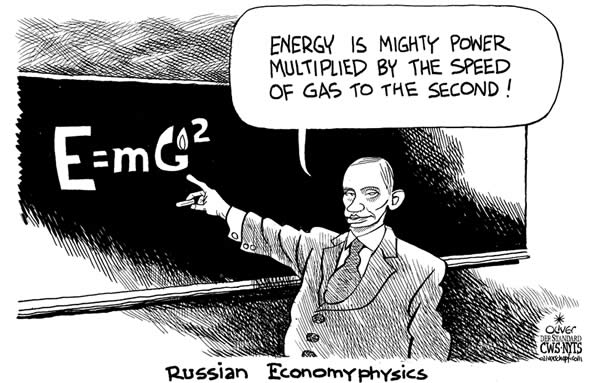 Oliver Schopf, editorial cartoons from Austria, cartoonist from Austria, Austrian illustrations, illustrator from Austria, editorial cartoon russia  2009:  russian economyphysics  
wladimir vladimir putin saying: energy is mighty power multiplied by the speed of gas to the second, gas gazprom, E=mc2, physics
