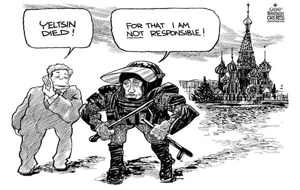 Oliver Schopf, editorial cartoons from Austria, cartoonist from Austria, Austrian illustrations, illustrator from Austria, editorial cartoon russia, 
wladimir vladimir putin united russia democracy trowen 2007: putin, yeltsin, moscow, police, red square
