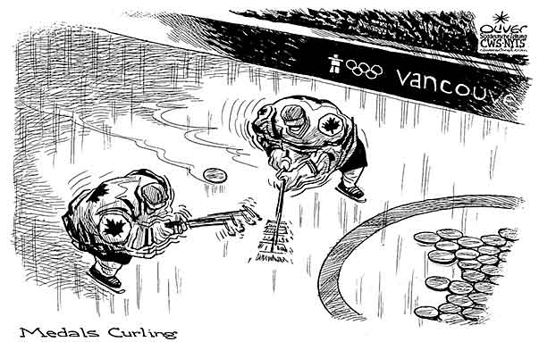 Oliver Schopf, editorial cartoons from Austria, cartoonist from Austria, Austrian illustrations, illustrator from Austria, editorial cartoon miscellaneous 2010: Olympic games Vancouver 2010 canada curling ice hockey medals
