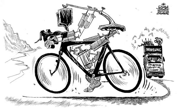 Oliver Schopf, editorial cartoons from Austria, cartoonist from Austria, Austrian illustrations, illustrator from Austria, editorial cartoon miscellaneous 2008: doping bicycle sport
