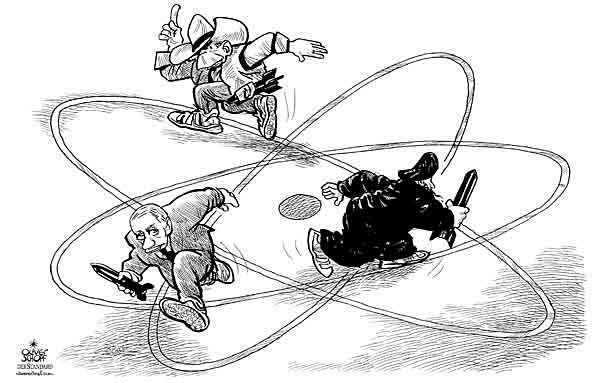 Oliver Schopf, editorial cartoons from Austria, cartoonist from Austria, Austrian illustrations, illustrator from Austria, editorial cartoon  United States of America USA arms race bush putin russia iraque atomic power arms 

