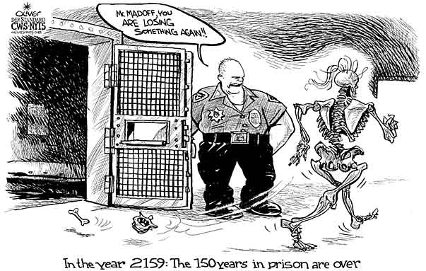 Oliver Schopf, editorial cartoons from Austria, cartoonist from Austria, Austrian illustrations, illustrator from Austria, editorial cartoon world 2009: madoff in the year 2159 walking as skelleton after 150 years in prison cop saying mr madoff you are losing something again bones are falling, sentence, 150 years, carcass, bones, losing

