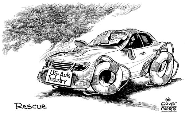 Oliver Schopf, editorial cartoons from Austria, cartoonist from Austria, Austrian illustrations, illustrator from Austria, editorial cartoon  United States of America USA 2008: usa, automobile, autoindustry, ring, wheel, rescue

