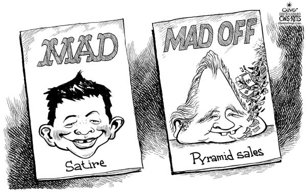 Oliver Schopf, editorial cartoons from Austria, cartoonist from Austria, Austrian illustrations, illustrator from Austria, editorial cartoon  United States of America USA 2008: usa, mad, satire, madoff, pyramid sales affaire 

