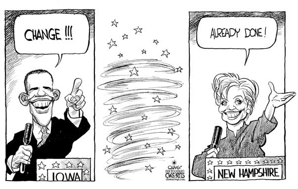 Oliver Schopf, editorial cartoons from Austria, cartoonist from Austria, Austrian illustrations, illustrator from Austria, editorial cartoon archive presidential election 2008: usa, campaign, barack obama, hillary clinton, change


