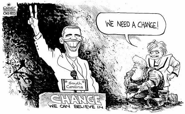 Oliver Schopf, editorial cartoons from Austria, cartoonist from Austria, Austrian illustrations, illustrator from Austria, editorial cartoon archive presidential election 2008: usa, campaign, caucus, iowa, new hampshire, barack obama, hillary clinton, change


