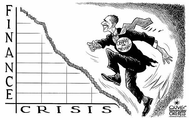 Oliver Schopf, editorial cartoons from Austria, cartoonist from Austria, Austrian illustrations, illustrator from Austria, editorial cartoon us usa united states of america presidential election 2008: finance crisis, stock market,barack obama, running, president, upstairs




