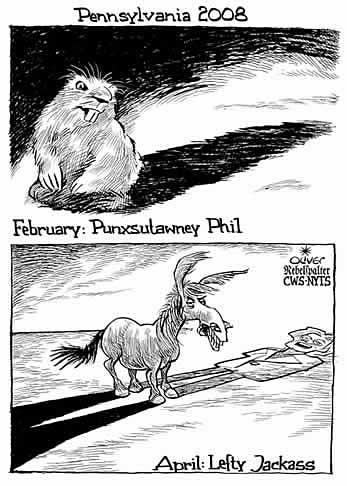 Oliver Schopf, editorial cartoons from Austria, cartoonist from Austria, Austrian illustrations, illustrator from Austria, editorial cartoon archive presidential election 2008: usa, pennsylvania, groundhog day, punxsutawney phil, shadow, democrats, jackass


