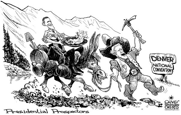 Oliver Schopf, editorial cartoons from Austria, cartoonist from Austria, Austrian illustrations, illustrator from Austria, editorial cartoon archive presidential election 2008 2008: USA, democratic party, national convention, denver, obama, biden, prospectors, jackass



