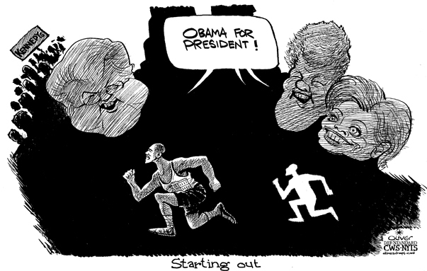 Oliver Schopf, editorial cartoons from Austria, cartoonist from Austria, Austrian illustrations, illustrator from Austria, editorial cartoon archive 2008: usa, democrats, convention, shadow, ted kennedy, bill clinton, hillary clinton, running



