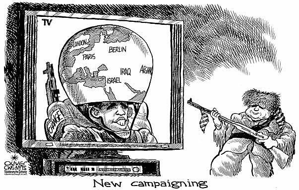 Oliver Schopf, editorial cartoons from Austria, cartoonist from Austria, Austrian illustrations, illustrator from Austria, editorial cartoon archive presidential election 2008: USA, obama, mccain, trip, campaigning



