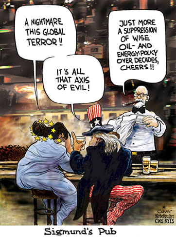 Oliver Schopf, editorial cartoons from Austria, cartoonist from Austria, Austrian illustrations, illustrator from Austria, editorial cartoon USA and European Union EU sigmund freud, pub, nightmare, axis of evil, oil, energy,
terror, suppression

