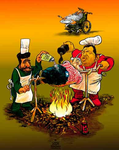Oliver Schopf editorial cartoons, cartoonist, cartoon, USA president George W. Bush  barbecue, bush, ahmadinejad, hugo chavez, castro, axis of evil

