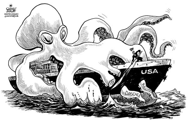 Oliver Schopf, editorial cartoons from Austria, cartoonist from Austria, Austrian illustrations, illustrator from Austria, editorial cartoon president of the united states of amerika usa barack obama 2009: Daschle, killifer, tankship, octopus, white house 

