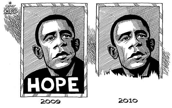 Oliver Schopf, editorial cartoons from Austria, cartoonist from Austria, Austrian illustrations, illustrator from Austria, editorial cartoon president of the united states of amerika usa barack obama Obama, 2010:  us-president barack obama, hope, one year
