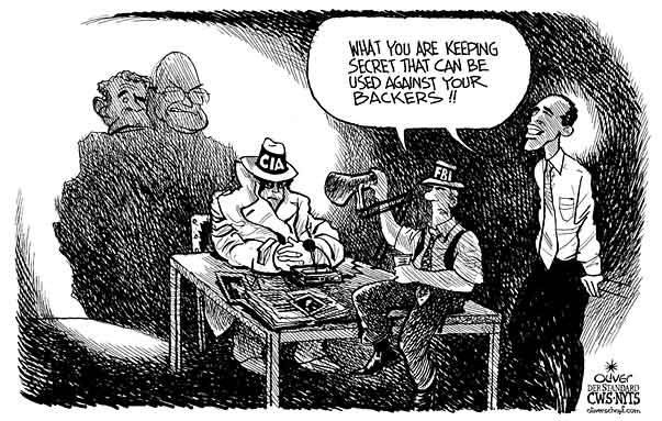 Oliver Schopf, editorial cartoons from Austria, cartoonist from Austria, Austrian illustrations, illustrator from Austria, editorial cartoon president of the united states of amerika usa barack obama 2009:   what you are keeping secret that can be used against your backersusa, cia, fbi, us president obama, interrogation room,  torture, shadow georg w. bush cheney, politician politicians
