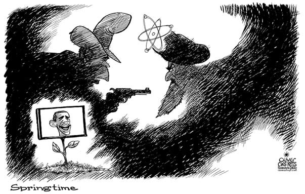 Oliver Schopf, editorial cartoons from Austria, cartoonist from Austria, Austrian illustrations, illustrator from Austria, editorial cartoon president of the united states of amerika usa barack obama 2009 usa, iran, bush, us-president Obama, springtime politician politicians atomic weapon gun shadow bush and muhlla politician politicians

