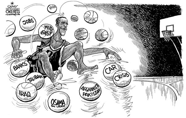 Oliver Schopf, editorial cartoons from Austria, cartoonist from Austria, Austrian illustrations, illustrator from Austria, editorial cartoon president of the united states of amerika usa barack obama 2009: basketball, crisis, hook

