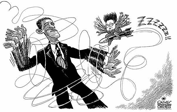 Oliver Schopf, editorial cartoons from Austria, cartoonist from Austria, Austrian illustrations, illustrator from Austria, editorial cartoon president of the united states of amerika usa barack obama 2009  USA north korea us president Obama, kim jong il, rocket, fly atomic weapons small like an insect politician politicians 

