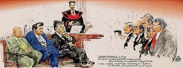 Oliver Schopf, editorial cartoons, court room art, BAWAG Trial 2007: Most important bank and economy trial in Austria&#8217;s  Second Republik. 9 defendents among 2 CEO and one international investment banker. The defendants: Wolfgang Floett; Helmut Elsner; Johann Zwettler