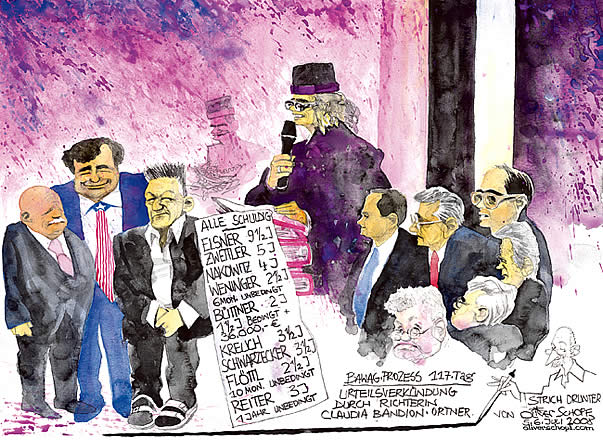 Oliver Schopf, editorial cartoons, court room art, BAWAG Trial 2007: Most important bank and economy trial in Austria&#8217;s  Second Republik. 9 defendents among 2 CEO and one international investment banker. The defendants: Wolfgang Floett; Helmut Elsner; Johann Zwettler